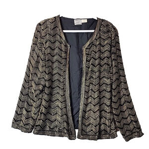 Vtg Stenay Silk Black Gold Chevron Beaded LS Open Evening Jacket Women's Large